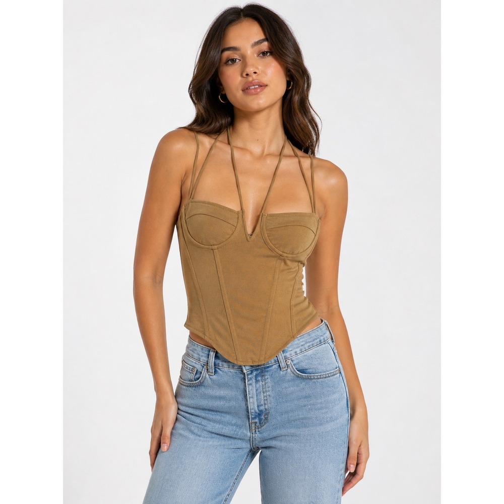 Olivaceous‎ Corset Top Womens Medium Tan Mesh Halter Strap Underwire Bodice